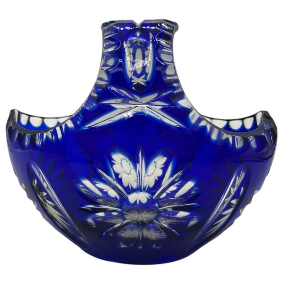 Vintage Cristal 24% Pbo Handmade Cobalt Blue Glass Basket Heavy Lead Crystal - Picture 2 of 14